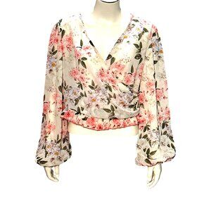CCC Floral Wrap Blouse Extra Large Crop Top Long Sleeve Sheer Floral Retro Chic